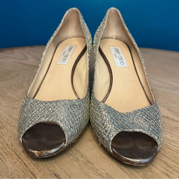 Jimmy Choo Isabel Peep Toe Mid Heel Pumps Sparkle Glitter Size 39.5 Women’s 9.5 - Picture 5 of 11